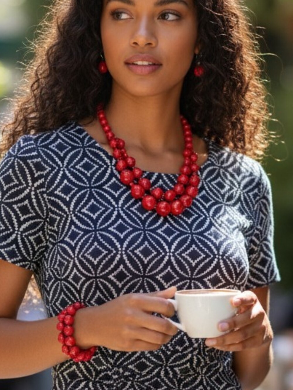 Bold Red Statement Set - Cato Double Strand Necklace, Bracelet & Drop Earrings